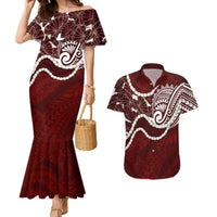 Aloha Hawaii Kalo Pikake Lei Couples Matching Mermaid Dress and Hawaiian Shirt Chest Tattoo Oxblood Hawaiian Pattern LT14 Oxblood - Polynesian Pride
