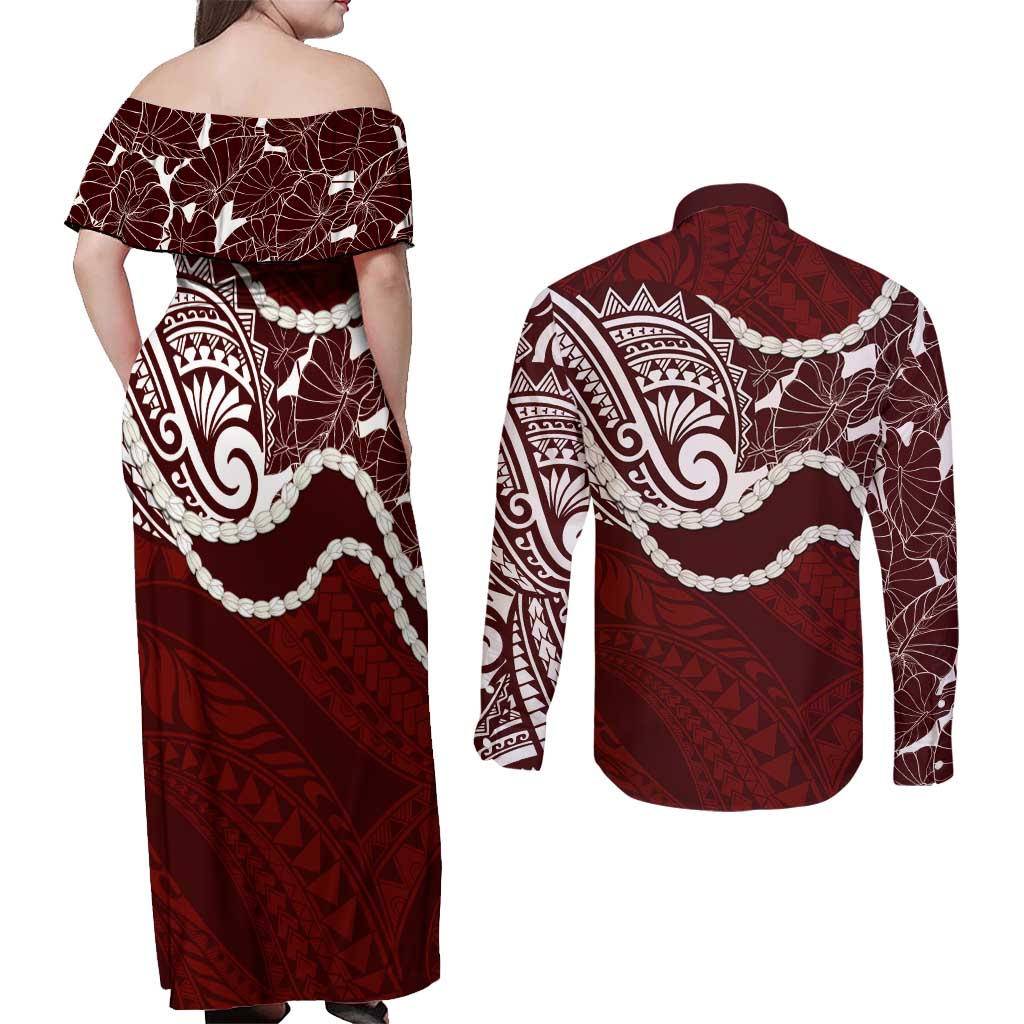 Aloha Hawaii Kalo Pikake Lei Couples Matching Off Shoulder Maxi Dress and Long Sleeve Button Shirt Chest Tattoo Oxblood Hawaiian Pattern LT14 - Polynesian Pride