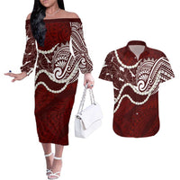 Aloha Hawaii Kalo Pikake Lei Couples Matching Off The Shoulder Long Sleeve Dress and Hawaiian Shirt Chest Tattoo Oxblood Hawaiian Pattern LT14 Oxblood - Polynesian Pride