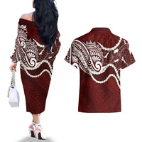 Aloha Hawaii Kalo Pikake Lei Couples Matching Off The Shoulder Long Sleeve Dress and Hawaiian Shirt Chest Tattoo Oxblood Hawaiian Pattern LT14 - Polynesian Pride