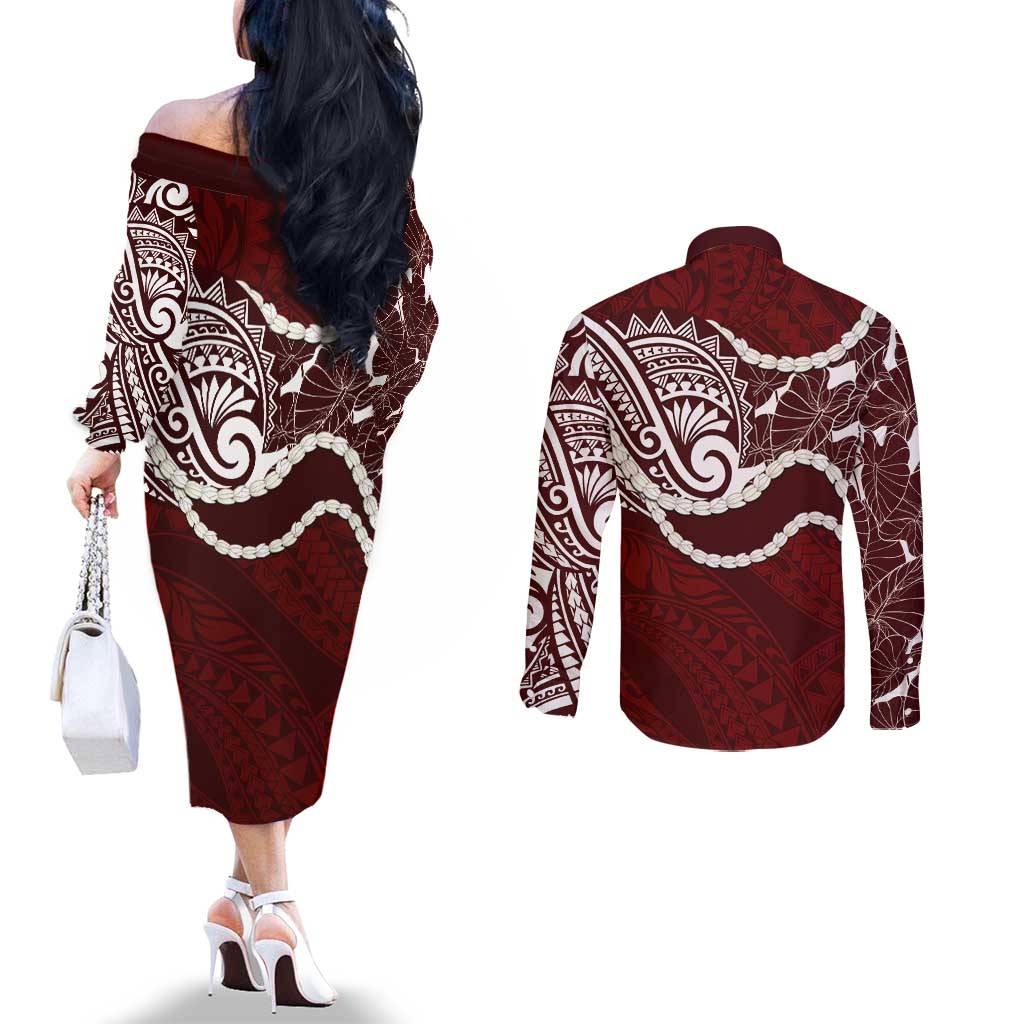 Aloha Hawaii Kalo Pikake Lei Couples Matching Off The Shoulder Long Sleeve Dress and Long Sleeve Button Shirt Chest Tattoo Oxblood Hawaiian Pattern LT14 - Polynesian Pride