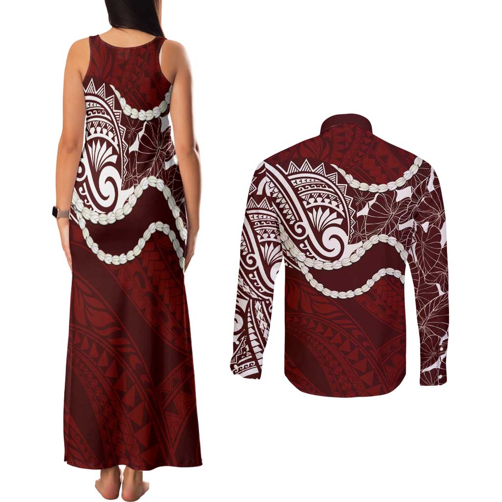 Aloha Hawaii Kalo Pikake Lei Couples Matching Tank Maxi Dress and Long Sleeve Button Shirt Chest Tattoo Oxblood Hawaiian Pattern LT14 - Polynesian Pride
