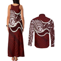 Aloha Hawaii Kalo Pikake Lei Couples Matching Tank Maxi Dress and Long Sleeve Button Shirt Chest Tattoo Oxblood Hawaiian Pattern LT14 - Polynesian Pride