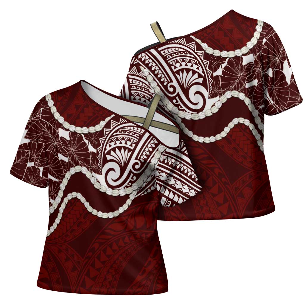 Aloha Hawaii Kalo Pikake Lei Cross Shoulder Shirt Chest Tattoo Oxblood Hawaiian Pattern