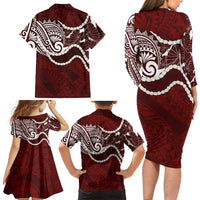 Aloha Hawaii Kalo Pikake Lei Family Matching Long Sleeve Bodycon Dress and Hawaiian Shirt Chest Tattoo Oxblood Hawaiian Pattern LT14 - Polynesian Pride