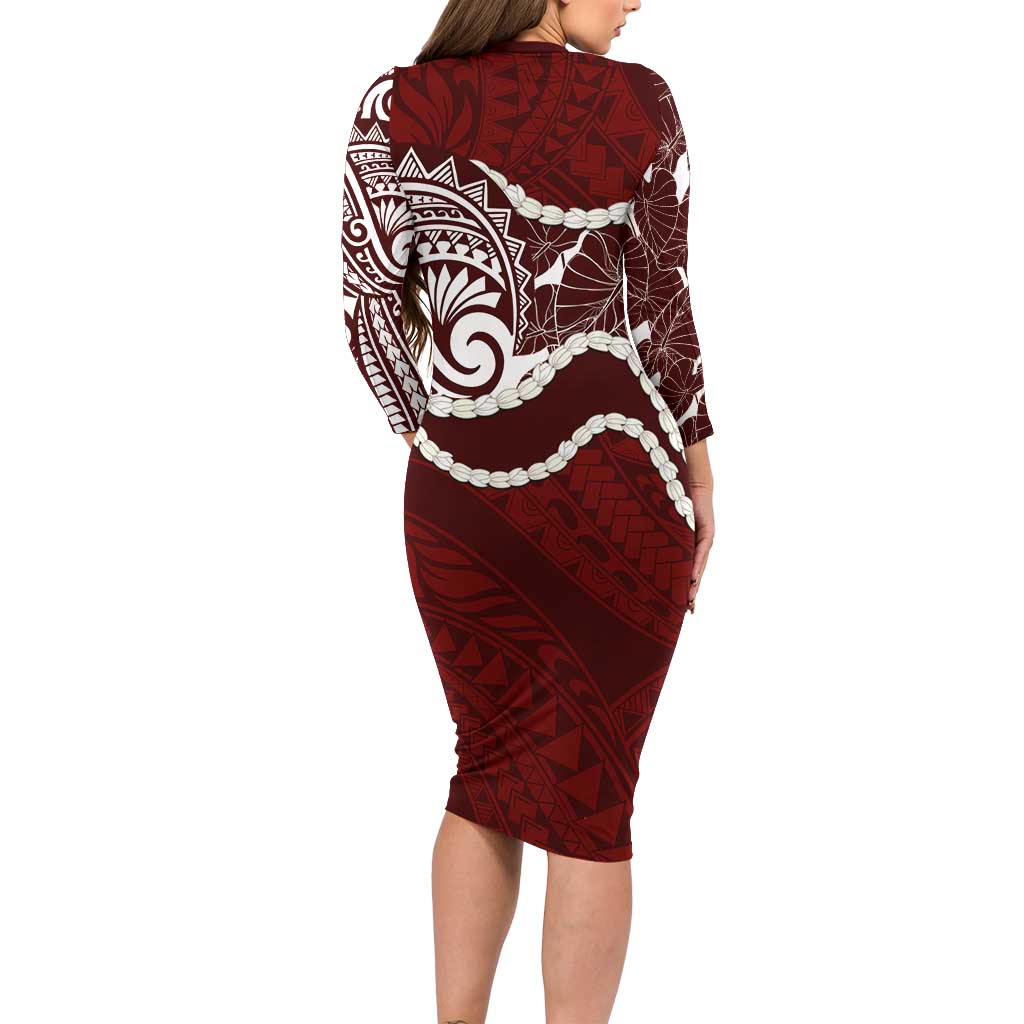 Aloha Hawaii Kalo Pikake Lei Family Matching Long Sleeve Bodycon Dress and Hawaiian Shirt Chest Tattoo Oxblood Hawaiian Pattern LT14 - Polynesian Pride