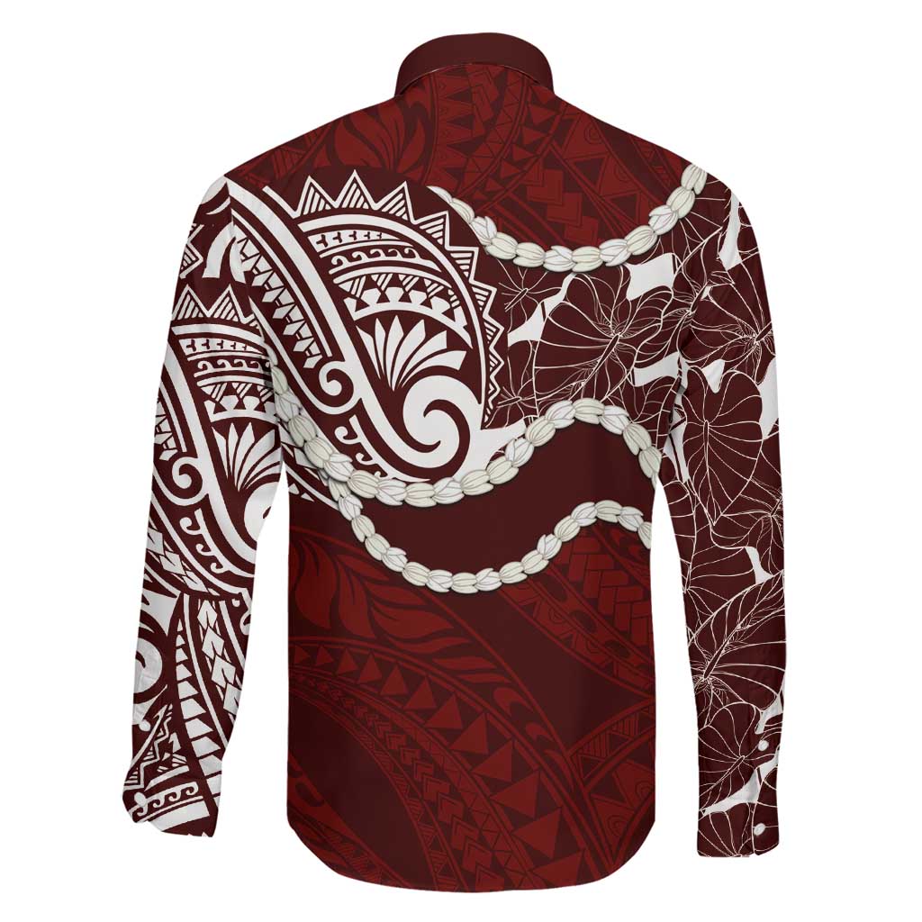 Aloha Hawaii Kalo Pikake Lei Family Matching Off The Shoulder Long Sleeve Dress and Hawaiian Shirt Chest Tattoo Oxblood Hawaiian Pattern LT14 - Polynesian Pride