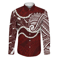 Aloha Hawaii Kalo Pikake Lei Family Matching Off Shoulder Maxi Dress and Hawaiian Shirt Chest Tattoo Oxblood Hawaiian Pattern LT14 Dad's Shirt - Long Sleeve Oxblood - Polynesian Pride