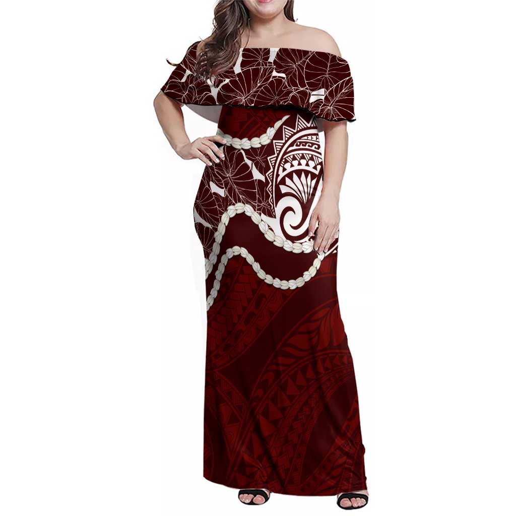 Aloha Hawaii Kalo Pikake Lei Family Matching Off Shoulder Maxi Dress and Hawaiian Shirt Chest Tattoo Oxblood Hawaiian Pattern LT14 Mom's Dress Oxblood - Polynesian Pride