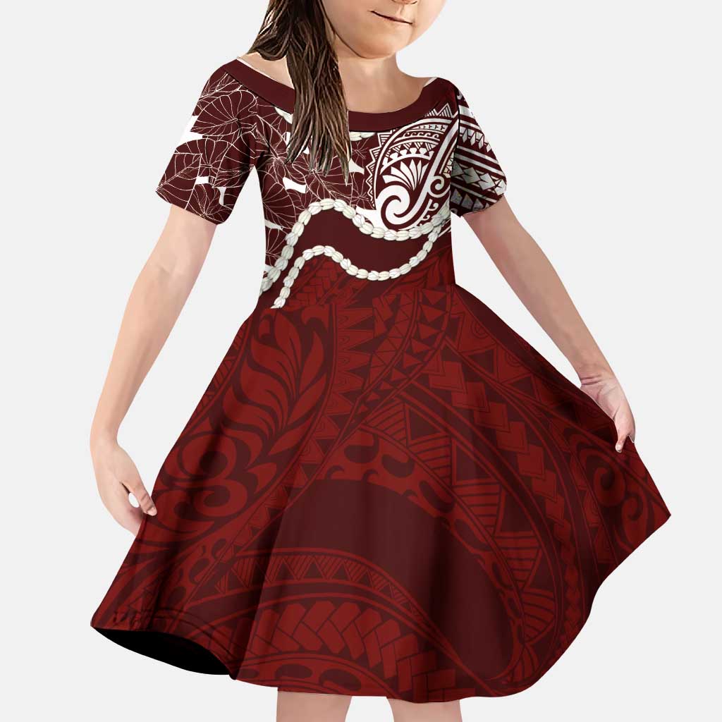 Aloha Hawaii Kalo Pikake Lei Family Matching Off Shoulder Short Dress and Hawaiian Shirt Chest Tattoo Oxblood Hawaiian Pattern LT14 Daughter's Dress Oxblood - Polynesian Pride