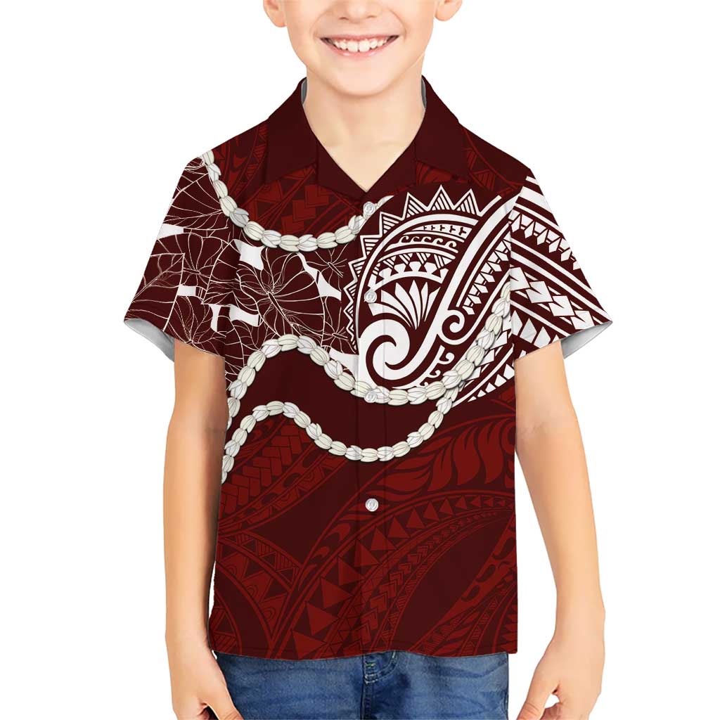 Aloha Hawaii Kalo Pikake Lei Family Matching Puletasi and Hawaiian Shirt Chest Tattoo Oxblood Hawaiian Pattern LT14 Son's Shirt Oxblood - Polynesian Pride
