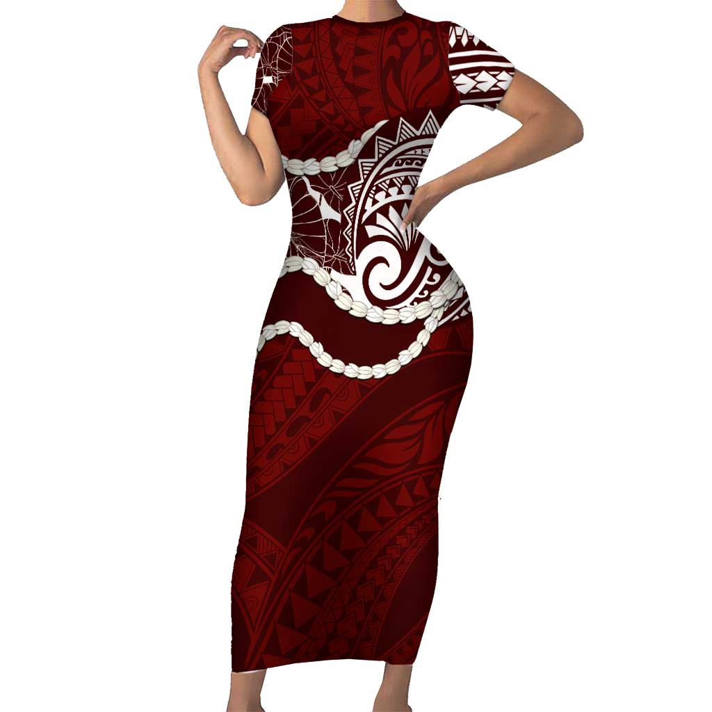 Aloha Hawaii Kalo Pikake Lei Family Matching Short Sleeve Bodycon Dress and Hawaiian Shirt Chest Tattoo Oxblood Hawaiian Pattern LT14 Mom's Dress Oxblood - Polynesian Pride