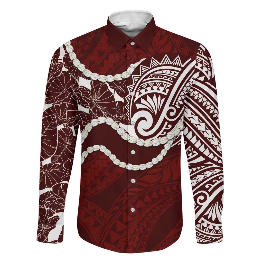 Aloha Hawaii Kalo Pikake Lei Family Matching Summer Maxi Dress and Hawaiian Shirt Chest Tattoo Oxblood Hawaiian Pattern LT14 Dad's Shirt - Long Sleeve Oxblood - Polynesian Pride
