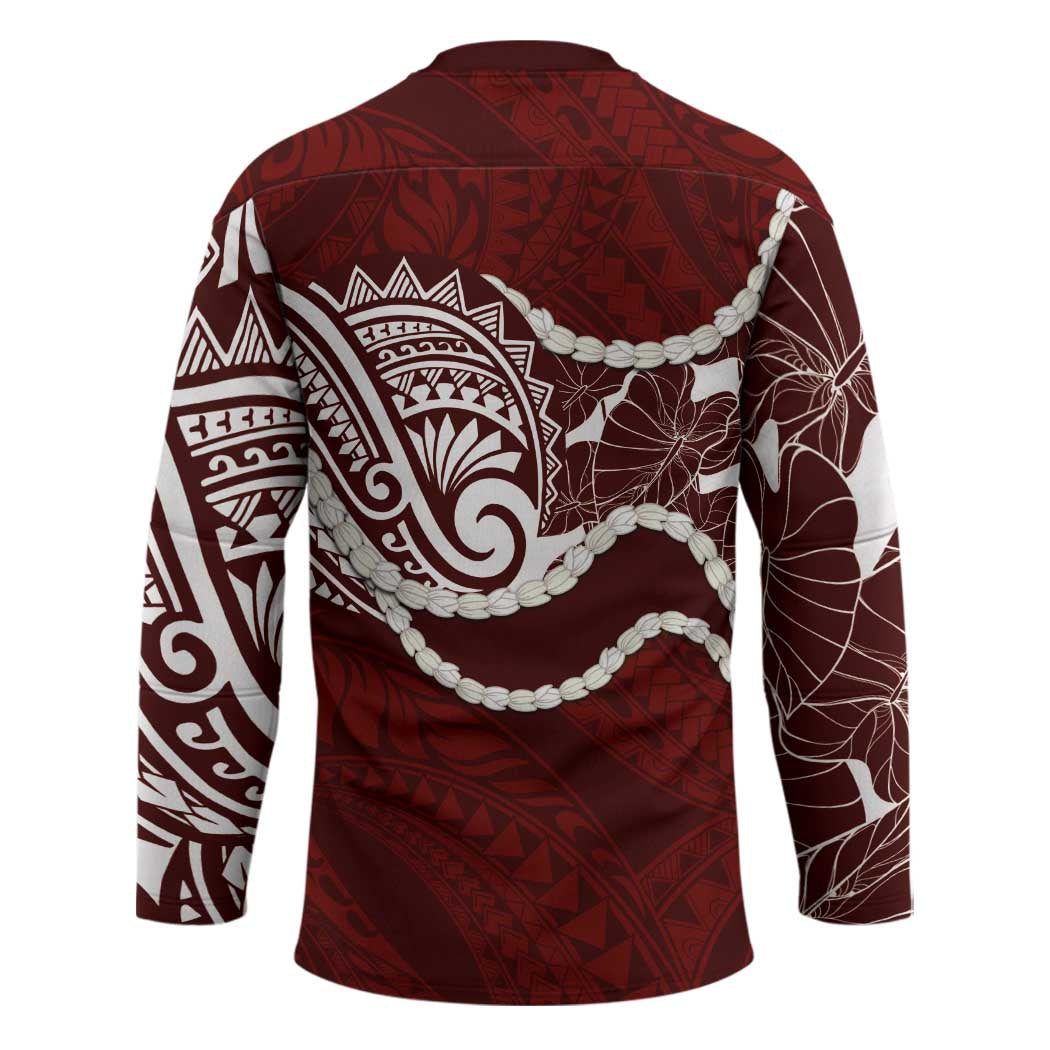 Aloha Hawaii Kalo Pikake Lei Hockey Jersey Chest Tattoo Oxblood Hawaiian Pattern
