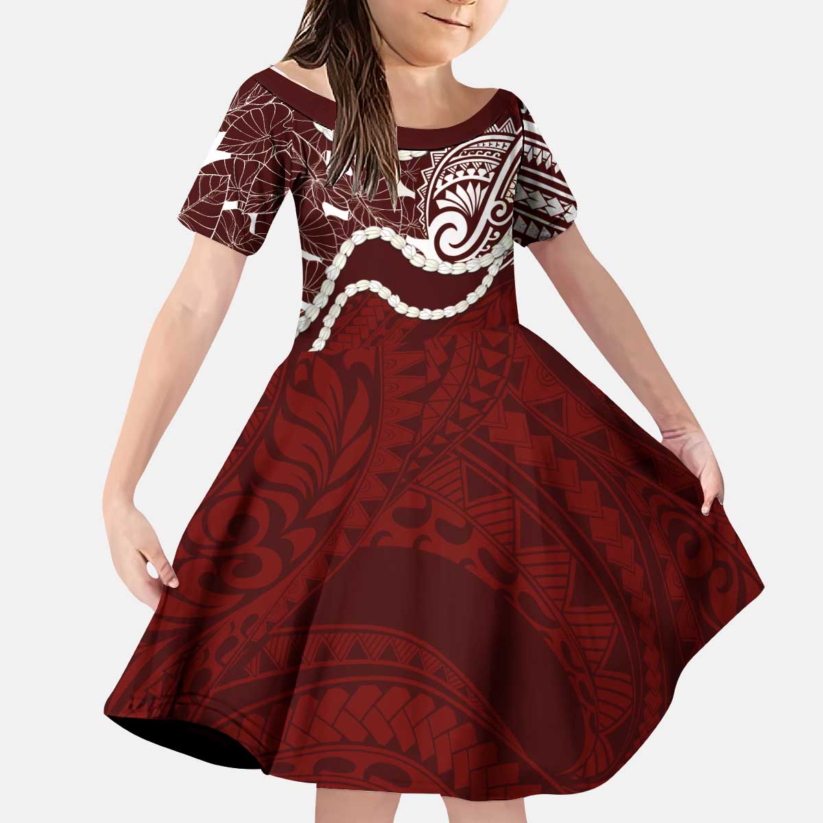 Aloha Hawaii Kalo Pikake Lei Kid Short Sleeve Dress Chest Tattoo Oxblood Hawaiian Pattern LT14 KID Oxblood - Polynesian Pride