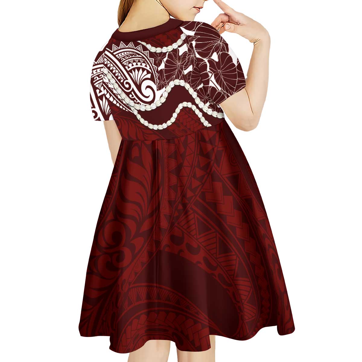 Aloha Hawaii Kalo Pikake Lei Kid Short Sleeve Dress Chest Tattoo Oxblood Hawaiian Pattern LT14 - Polynesian Pride
