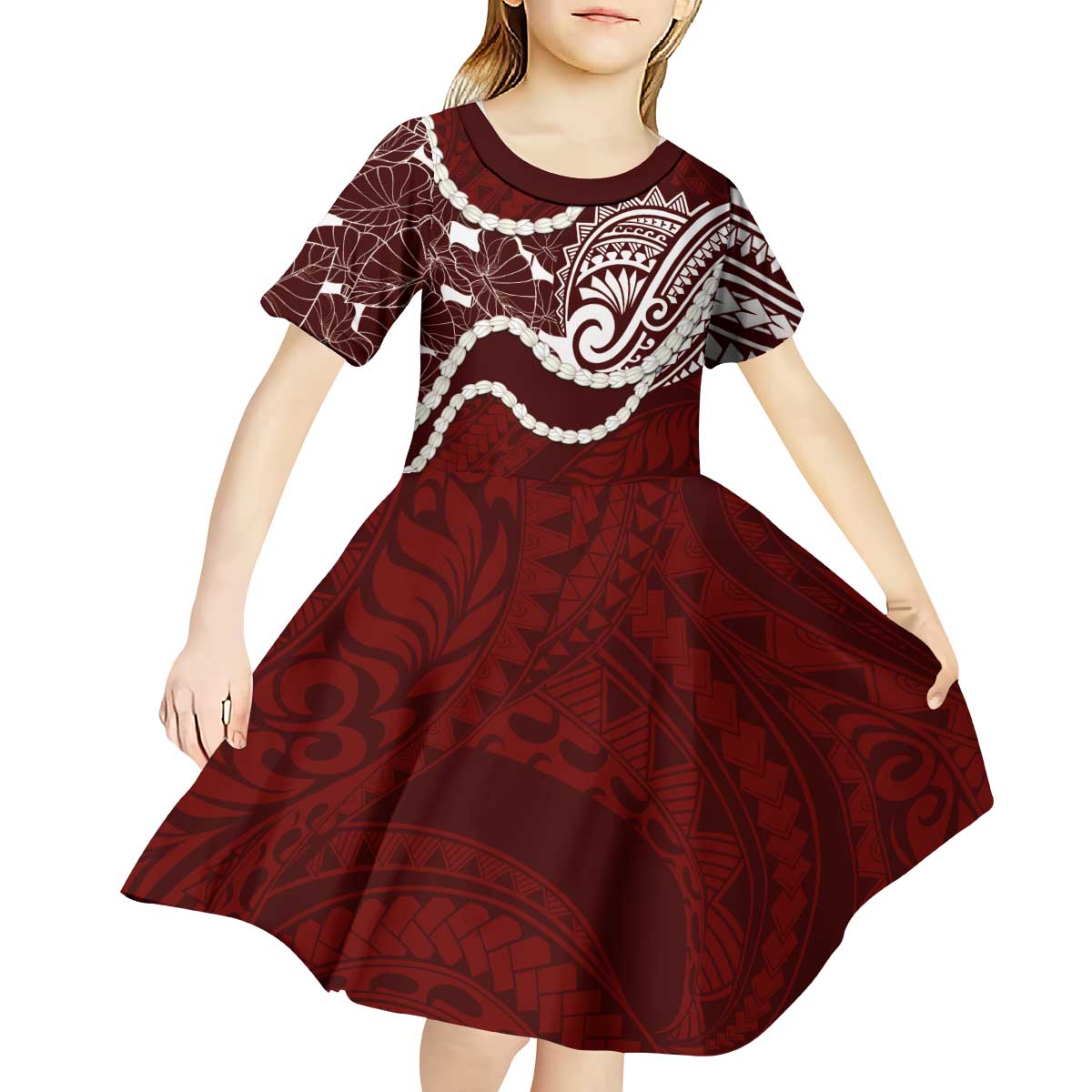 Aloha Hawaii Kalo Pikake Lei Kid Short Sleeve Dress Chest Tattoo Oxblood Hawaiian Pattern LT14 - Polynesian Pride