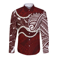 Aloha Hawaii Kalo Pikake Lei Long Sleeve Button Shirt Chest Tattoo Oxblood Hawaiian Pattern