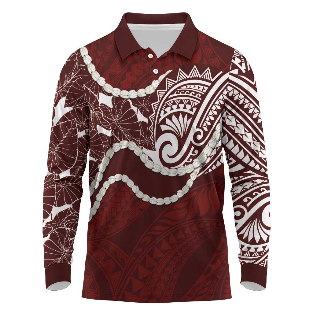 Aloha Hawaii Kalo Pikake Lei Long Sleeve Polo Shirt Chest Tattoo Oxblood Hawaiian Pattern LT14 Oxblood - Polynesian Pride