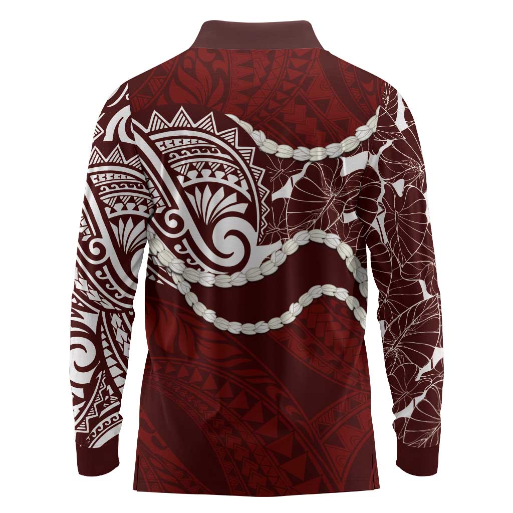 Aloha Hawaii Kalo Pikake Lei Long Sleeve Polo Shirt Chest Tattoo Oxblood Hawaiian Pattern LT14 - Polynesian Pride