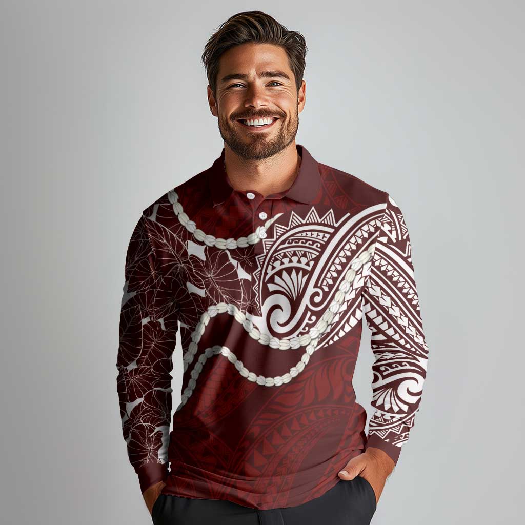 Aloha Hawaii Kalo Pikake Lei Long Sleeve Polo Shirt Chest Tattoo Oxblood Hawaiian Pattern LT14 - Polynesian Pride