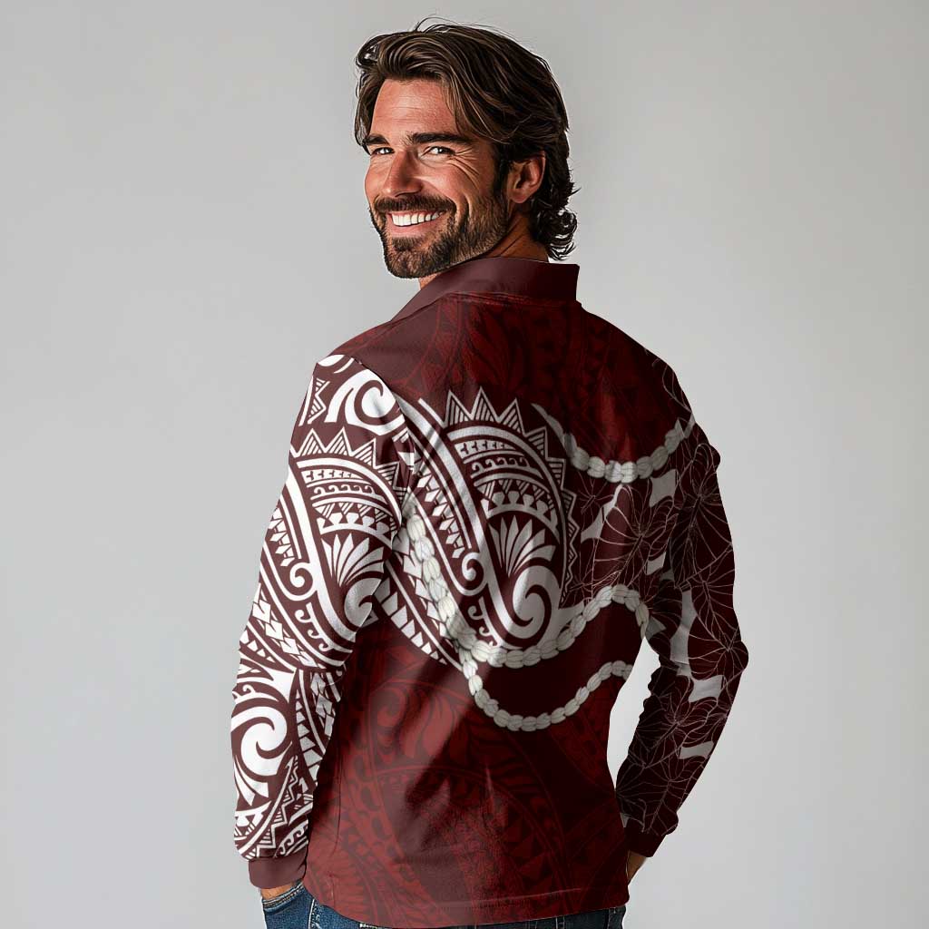 Aloha Hawaii Kalo Pikake Lei Long Sleeve Polo Shirt Chest Tattoo Oxblood Hawaiian Pattern LT14 - Polynesian Pride