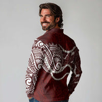 Aloha Hawaii Kalo Pikake Lei Long Sleeve Polo Shirt Chest Tattoo Oxblood Hawaiian Pattern LT14 - Polynesian Pride