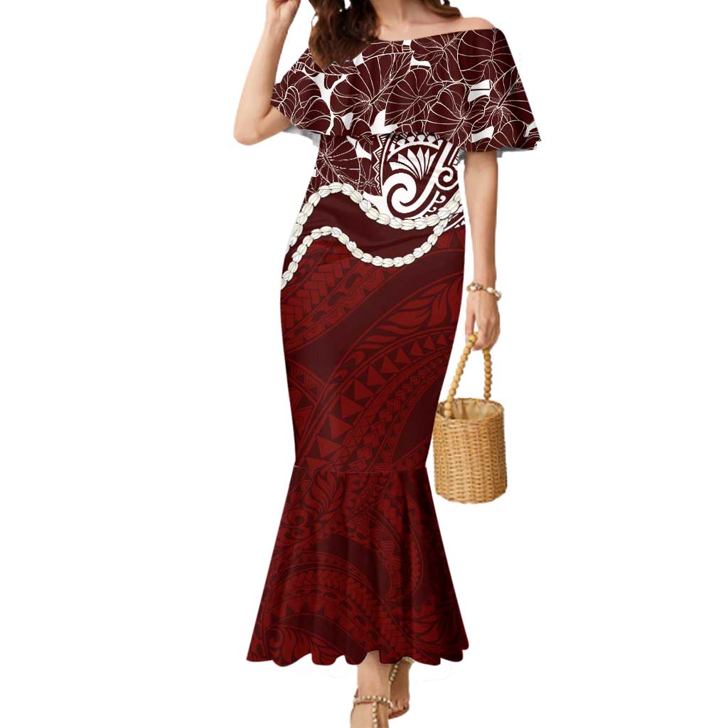 Aloha Hawaii Kalo Pikake Lei Mermaid Dress Chest Tattoo Oxblood Hawaiian Pattern