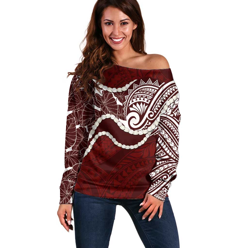 Aloha Hawaii Kalo Pikake Lei Off Shoulder Sweater Chest Tattoo Oxblood Hawaiian Pattern