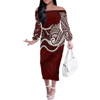 Aloha Hawaii Kalo Pikake Lei Off The Shoulder Long Sleeve Dress Chest Tattoo Oxblood Hawaiian Pattern LT14 Women Oxblood - Polynesian Pride