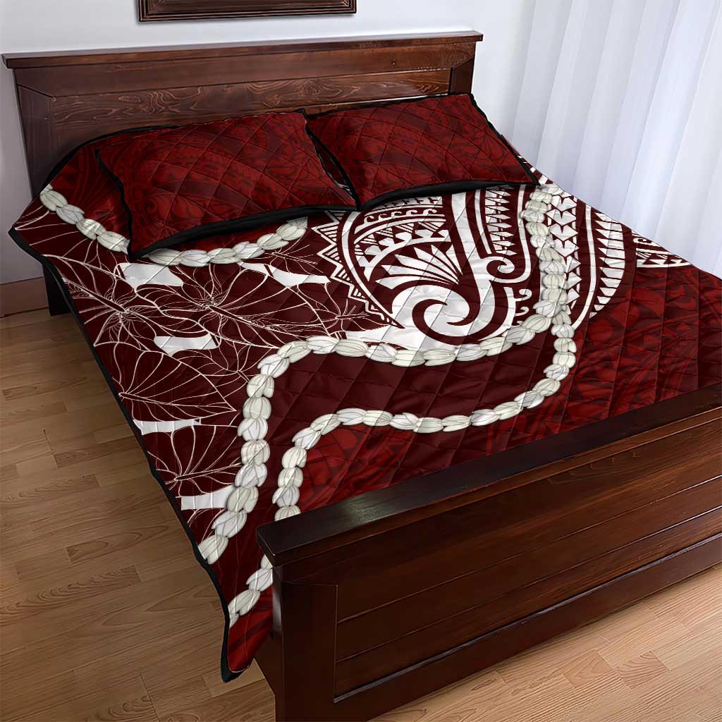 Aloha Hawaii Kalo Pikake Lei Quilt Bed Set Chest Tattoo Oxblood Hawaiian Pattern