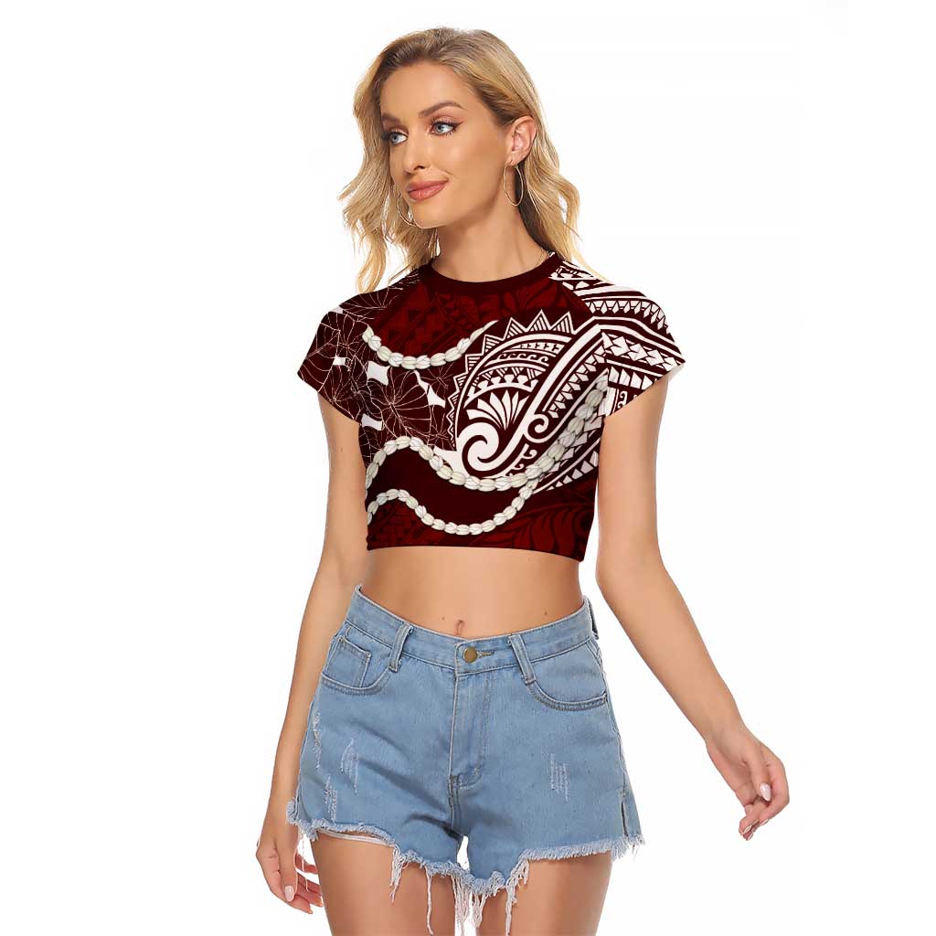 Aloha Hawaii Kalo Pikake Lei Raglan Cropped T Shirt Chest Tattoo Oxblood Hawaiian Pattern LT14 Female Oxblood - Polynesian Pride