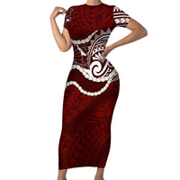 Aloha Hawaii Kalo Pikake Lei Short Sleeve Bodycon Dress Chest Tattoo Oxblood Hawaiian Pattern LT14 Long Dress Oxblood - Polynesian Pride