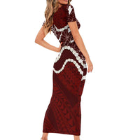 Aloha Hawaii Kalo Pikake Lei Short Sleeve Bodycon Dress Chest Tattoo Oxblood Hawaiian Pattern LT14 - Polynesian Pride