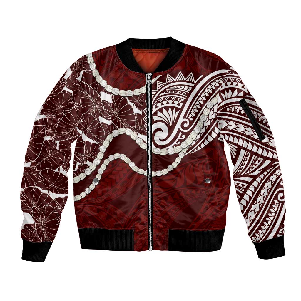 Aloha Hawaii Kalo Pikake Lei Sleeve Zip Bomber Jacket Chest Tattoo Oxblood Hawaiian Pattern