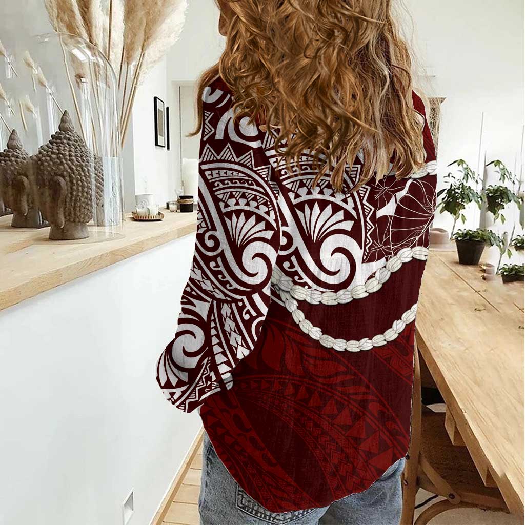 Aloha Hawaii Kalo Pikake Lei Women Casual Shirt Chest Tattoo Oxblood Hawaiian Pattern LT14 - Polynesian Pride