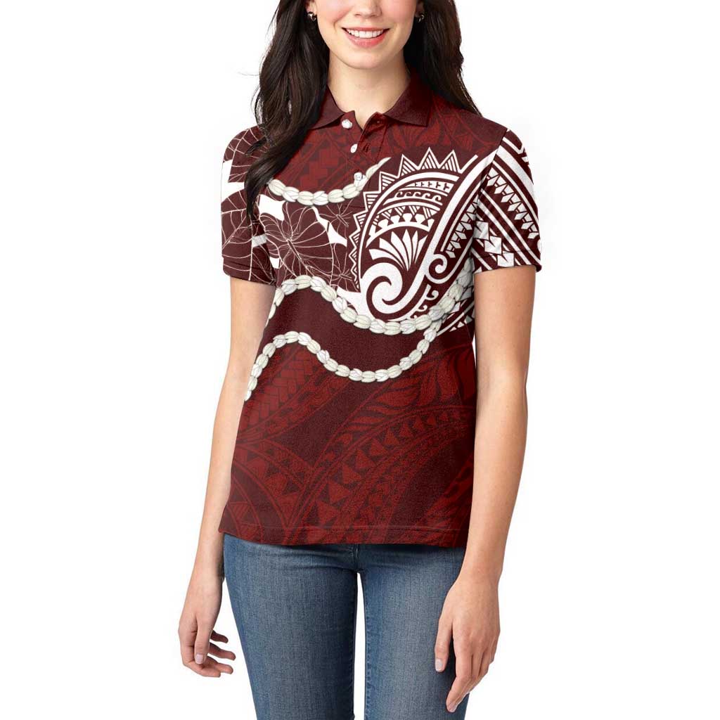 Aloha Hawaii Kalo Pikake Lei Women Polo Shirt Chest Tattoo Oxblood Hawaiian Pattern LT14 - Polynesian Pride