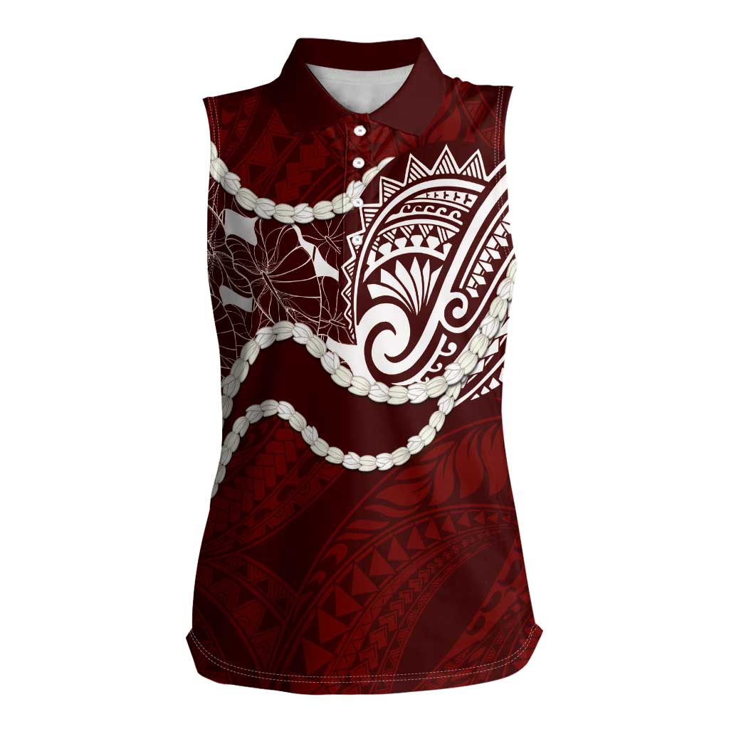 Aloha Hawaii Kalo Pikake Lei Women Sleeveless Polo Shirt Chest Tattoo Oxblood Hawaiian Pattern LT14 Female Oxblood - Polynesian Pride
