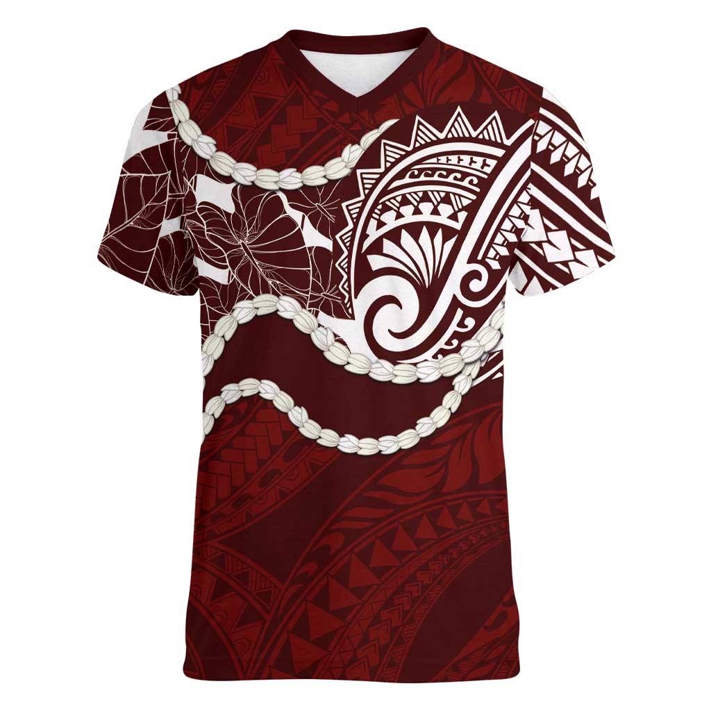 Aloha Hawaii Kalo Pikake Lei Women V-Neck T-Shirt Chest Tattoo Oxblood Hawaiian Pattern LT14 Female Oxblood - Polynesian Pride