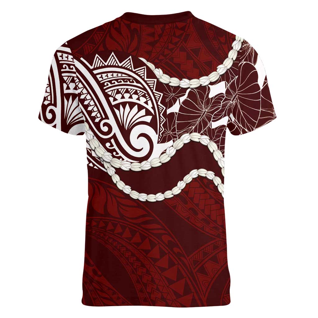 Aloha Hawaii Kalo Pikake Lei Women V-Neck T-Shirt Chest Tattoo Oxblood Hawaiian Pattern LT14 - Polynesian Pride
