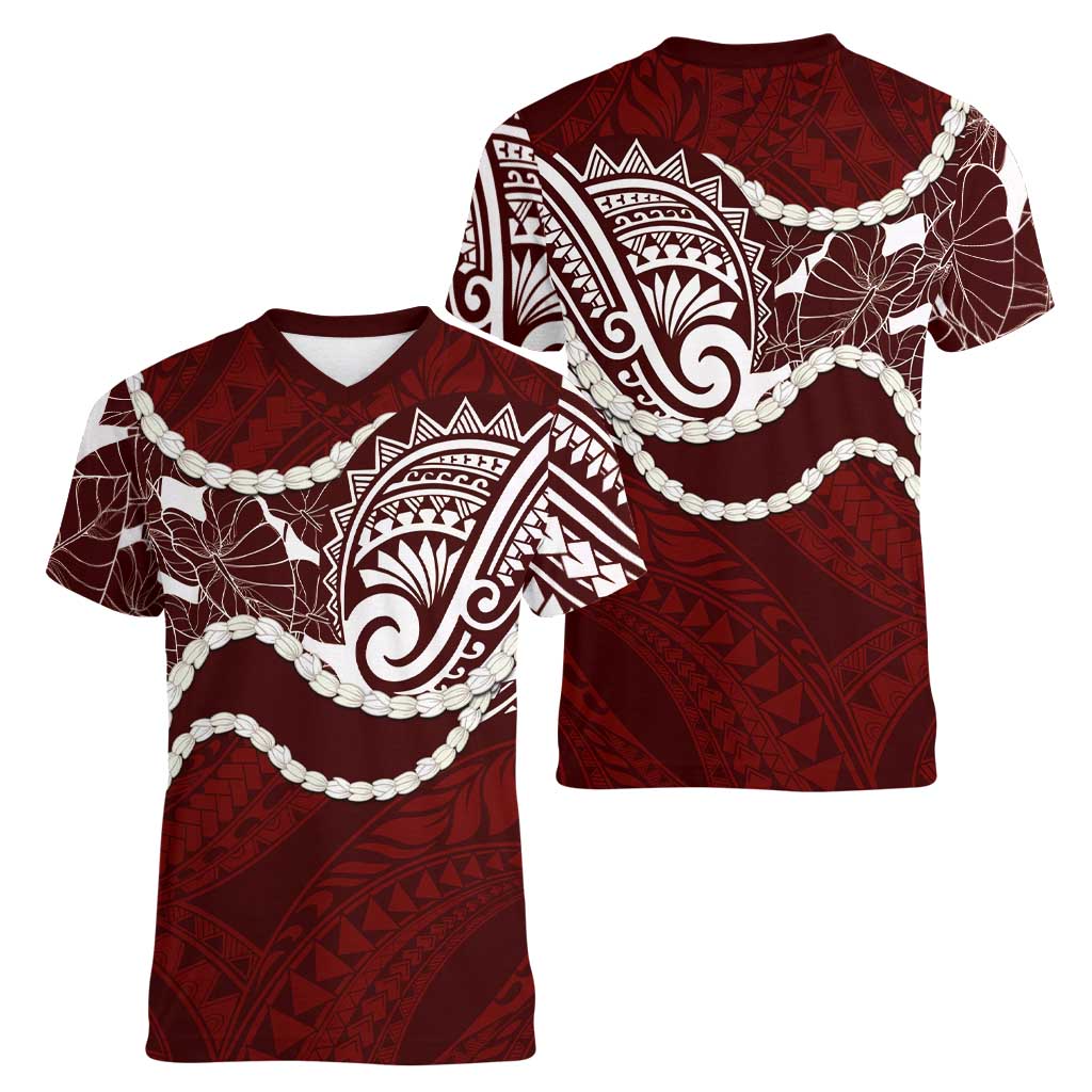 Aloha Hawaii Kalo Pikake Lei Women V-Neck T-Shirt Chest Tattoo Oxblood Hawaiian Pattern LT14 - Polynesian Pride
