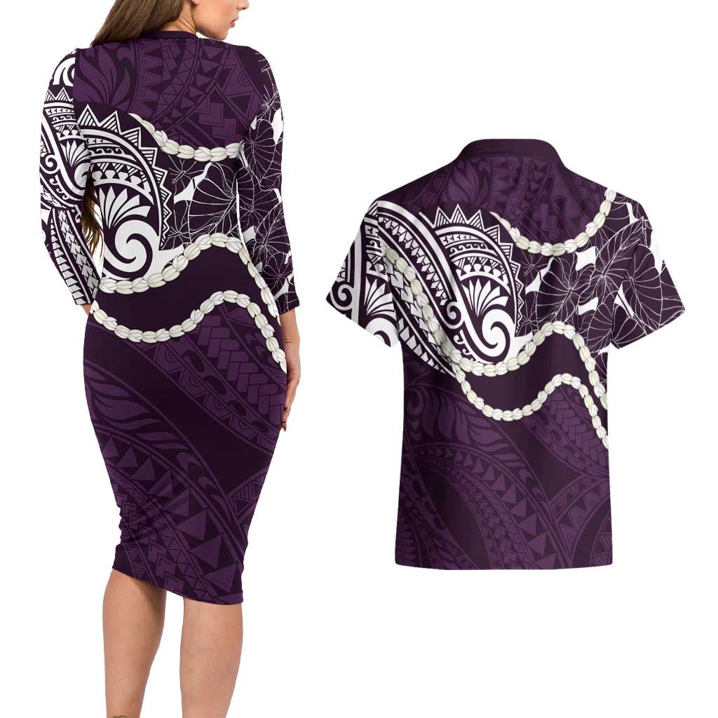 Aloha Hawaii Kalo Pikake Lei Couples Matching Long Sleeve Bodycon Dress and Hawaiian Shirt Chest Tattoo Purple Hawaiian Pattern LT14 - Polynesian Pride