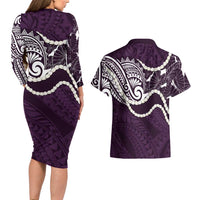 Aloha Hawaii Kalo Pikake Lei Couples Matching Long Sleeve Bodycon Dress and Hawaiian Shirt Chest Tattoo Purple Hawaiian Pattern LT14 - Polynesian Pride