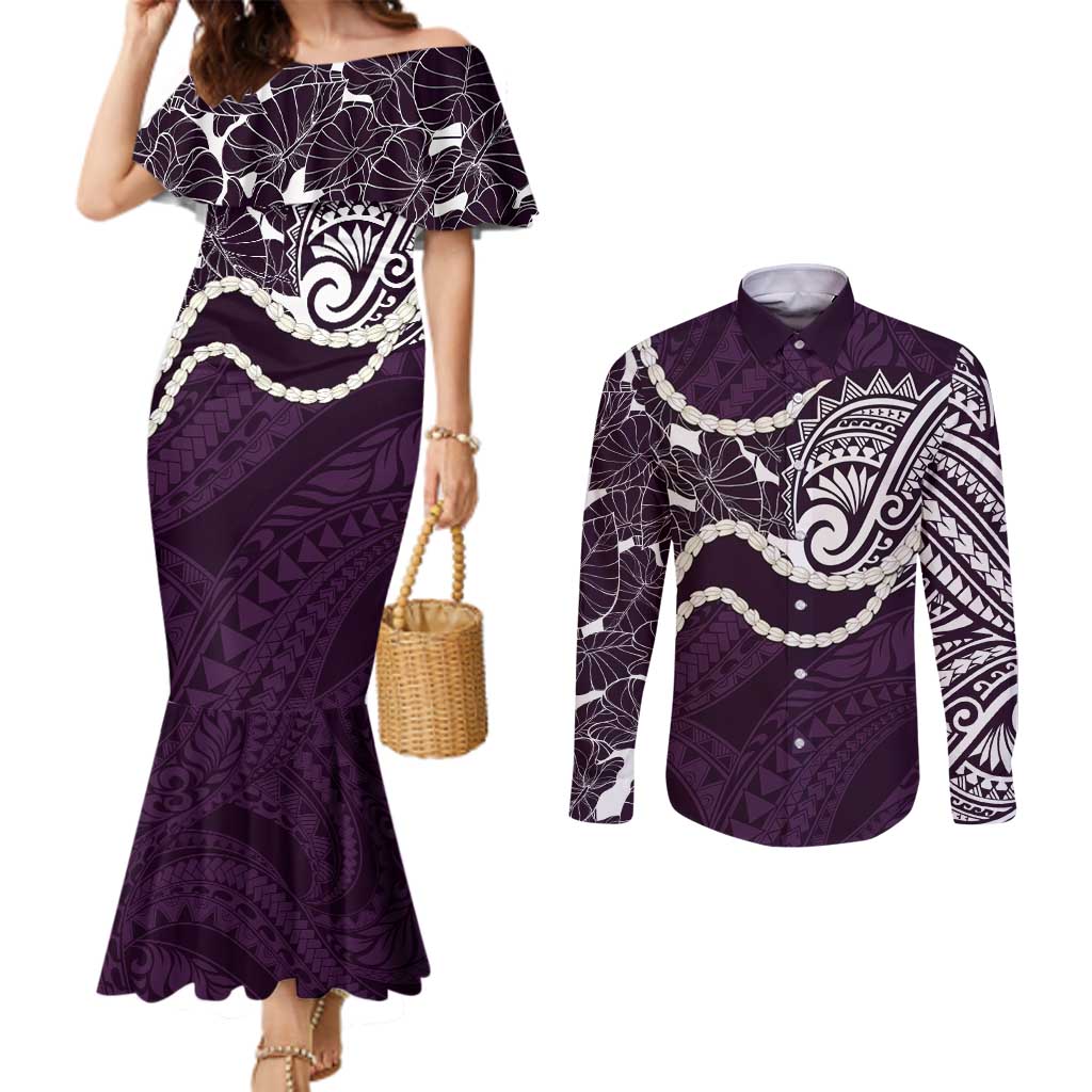 Aloha Hawaii Kalo Pikake Lei Couples Matching Mermaid Dress and Long Sleeve Button Shirt Chest Tattoo Purple Hawaiian Pattern LT14 Purple - Polynesian Pride