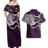 Aloha Hawaii Kalo Pikake Lei Couples Matching Off Shoulder Maxi Dress and Hawaiian Shirt Chest Tattoo Purple Hawaiian Pattern LT14 - Polynesian Pride