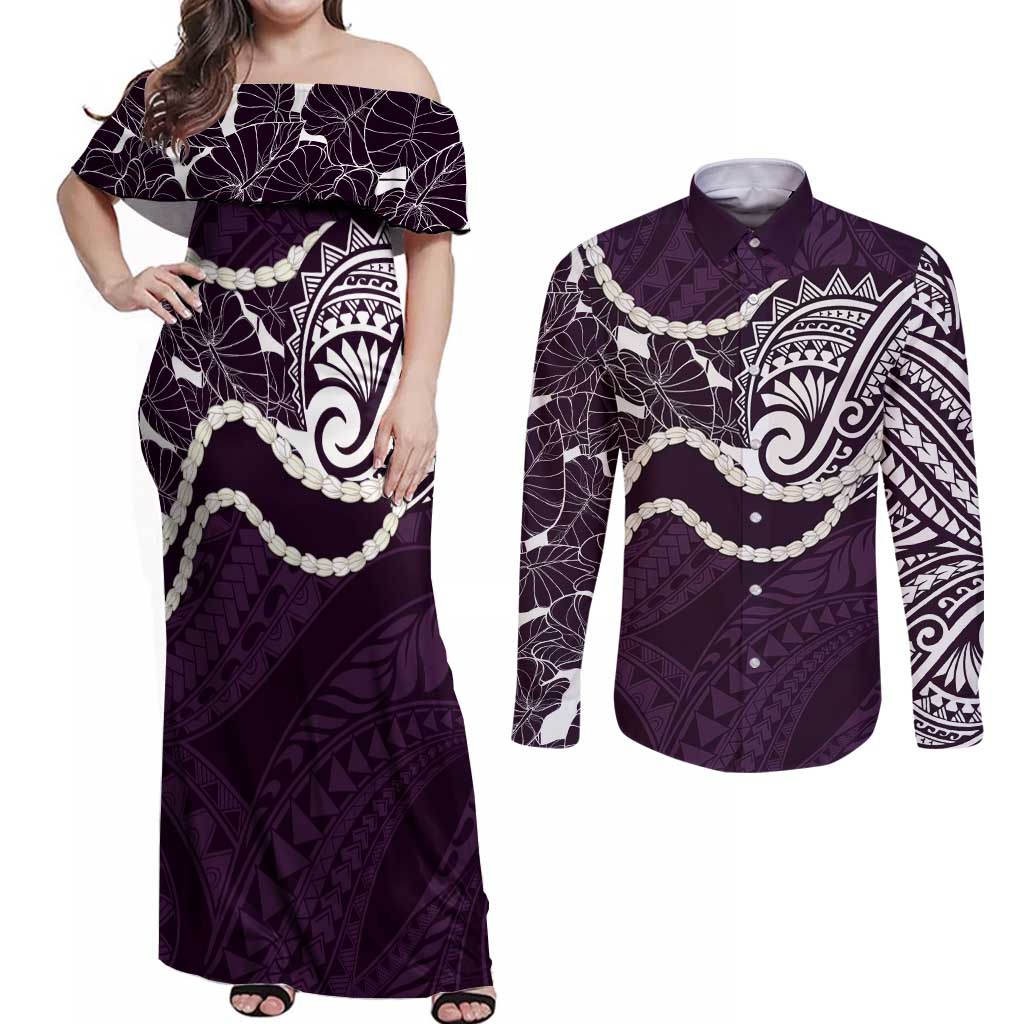 Aloha Hawaii Kalo Pikake Lei Couples Matching Off Shoulder Maxi Dress and Long Sleeve Button Shirt Chest Tattoo Purple Hawaiian Pattern LT14 Purple - Polynesian Pride