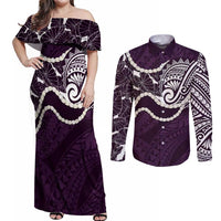Aloha Hawaii Kalo Pikake Lei Couples Matching Off Shoulder Maxi Dress and Long Sleeve Button Shirt Chest Tattoo Purple Hawaiian Pattern LT14 Purple - Polynesian Pride