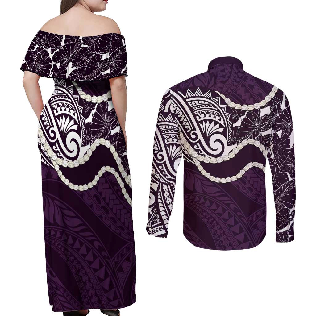 Aloha Hawaii Kalo Pikake Lei Couples Matching Off Shoulder Maxi Dress and Long Sleeve Button Shirt Chest Tattoo Purple Hawaiian Pattern LT14 - Polynesian Pride