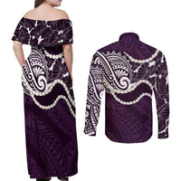 Aloha Hawaii Kalo Pikake Lei Couples Matching Off Shoulder Maxi Dress and Long Sleeve Button Shirt Chest Tattoo Purple Hawaiian Pattern LT14 - Polynesian Pride
