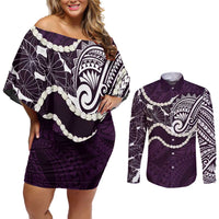 Aloha Hawaii Kalo Pikake Lei Couples Matching Off Shoulder Short Dress and Long Sleeve Button Shirt Chest Tattoo Purple Hawaiian Pattern LT14 Purple - Polynesian Pride